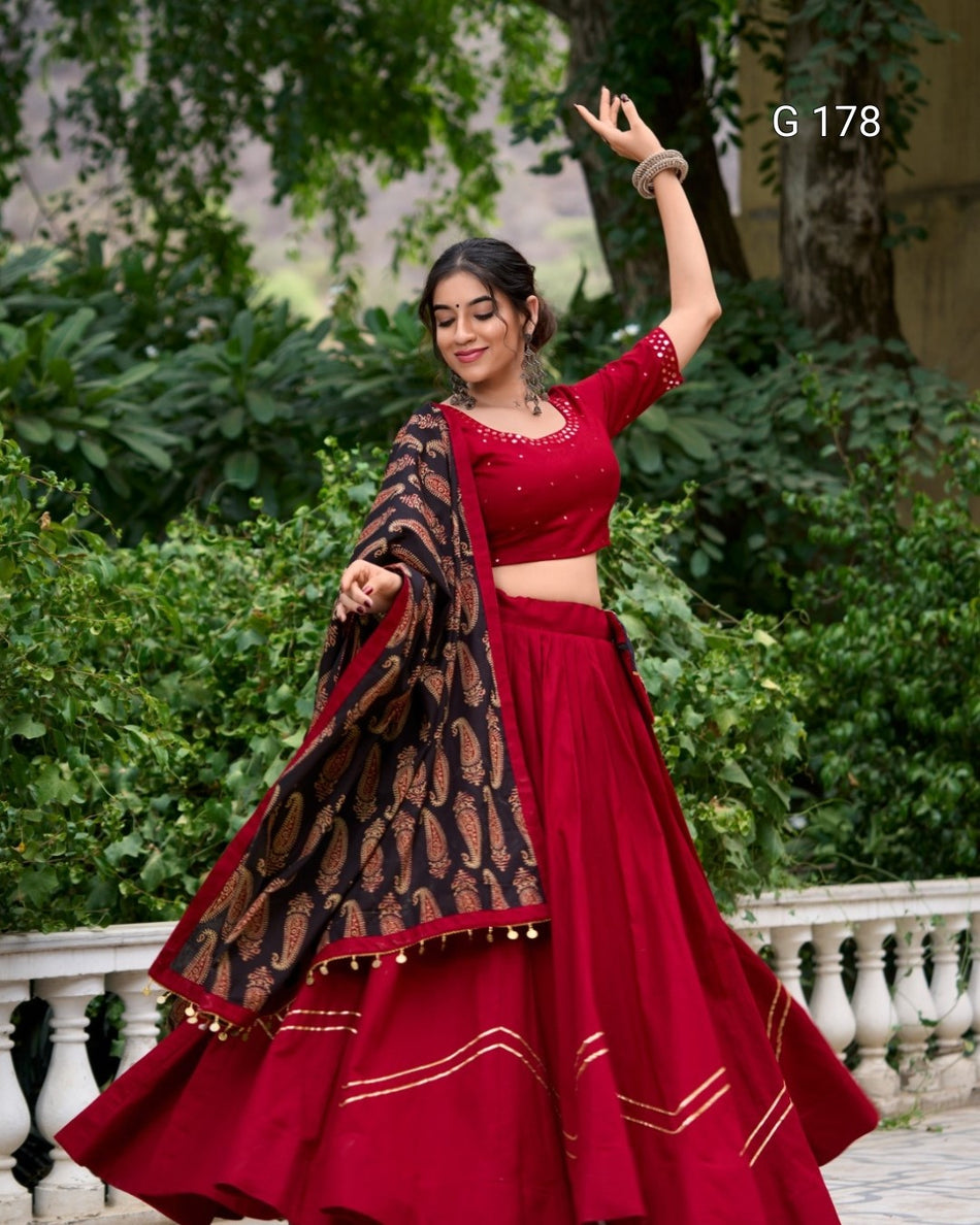 Pure Cotton Lehenga with Gota Patti Touch-Up & Real Mirror Work, Coin Lace Border Dupatta – G 178