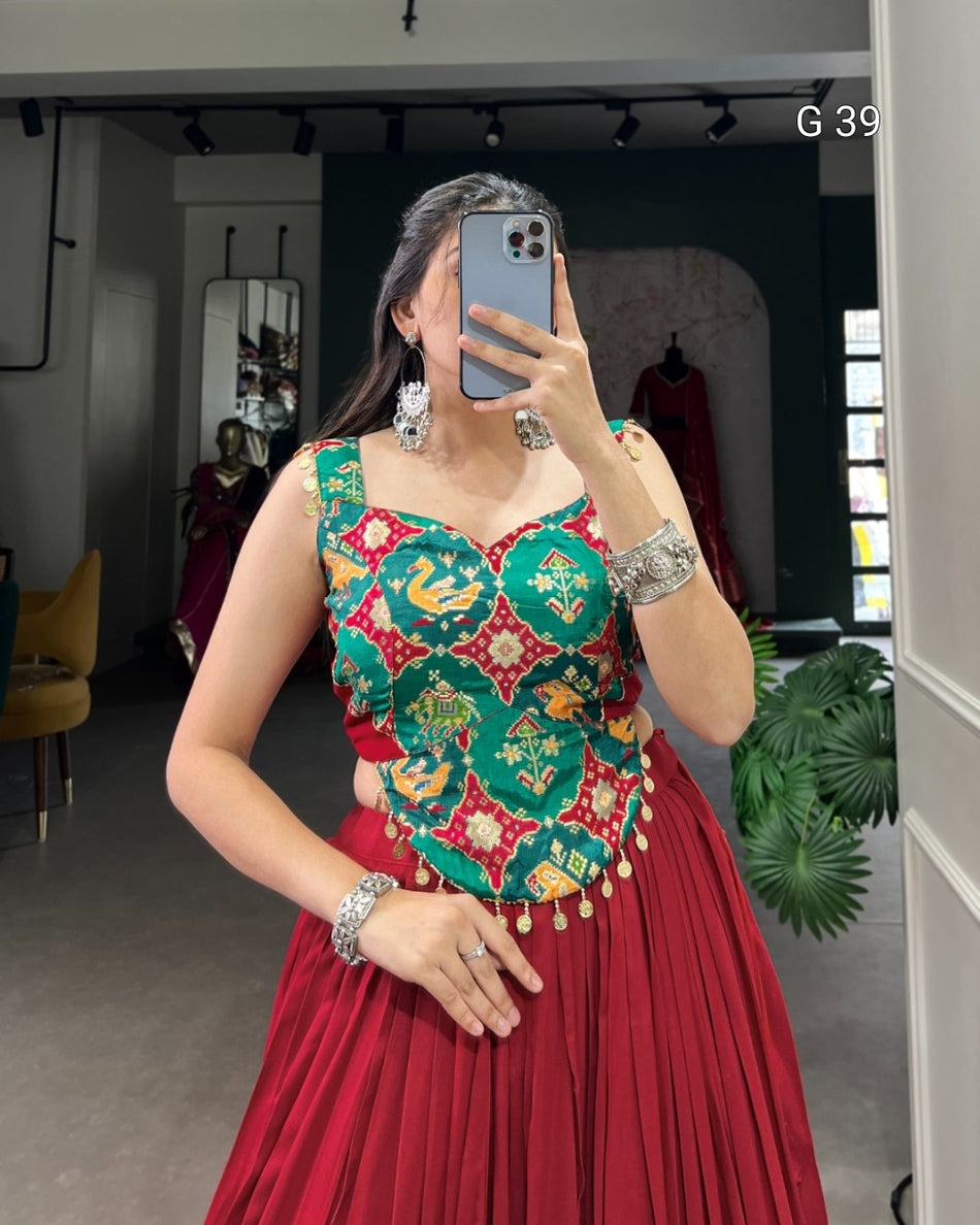 Maroon Pure Rayon Lehenga with Embossed Design Lace Touch Up – Stitched Blouse with Coin Lace Touch Up - G 39 Maroon