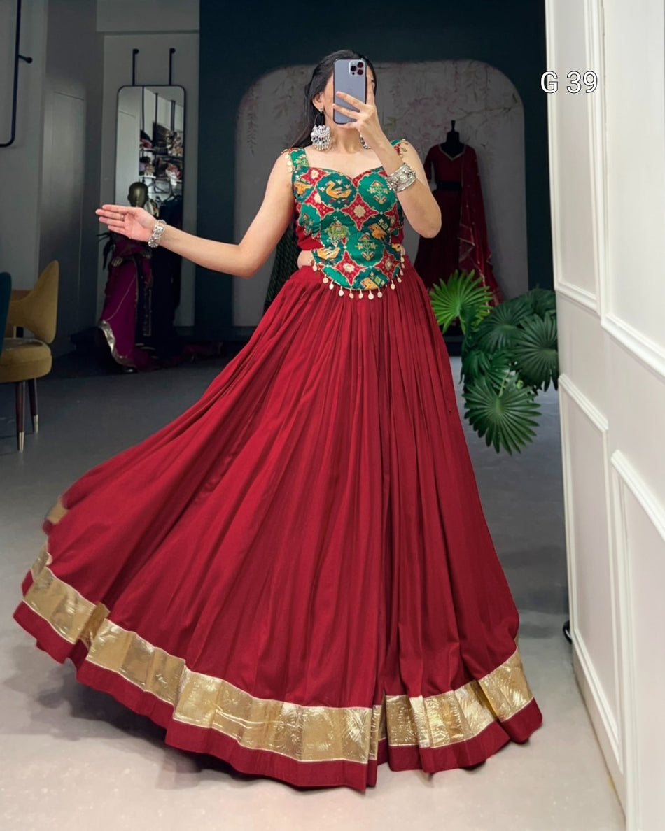 Maroon Pure Rayon Lehenga with Embossed Design Lace Touch Up – Stitched Blouse with Coin Lace Touch Up - G 39 Maroon