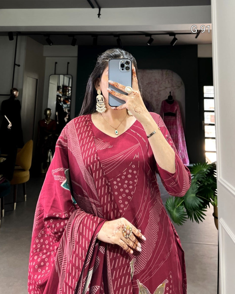 Roman Silk Top with Floral Print & Beads Handwork – G 91 Maroon