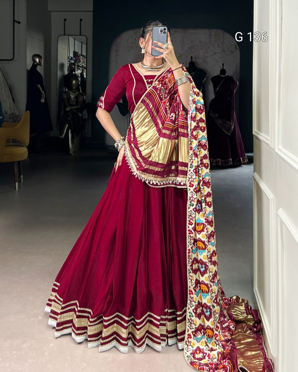 Silk Georgette Lehenga with Original Mirror Lace Touch Up & Digital Print Dupatta – G 136 Maroon
