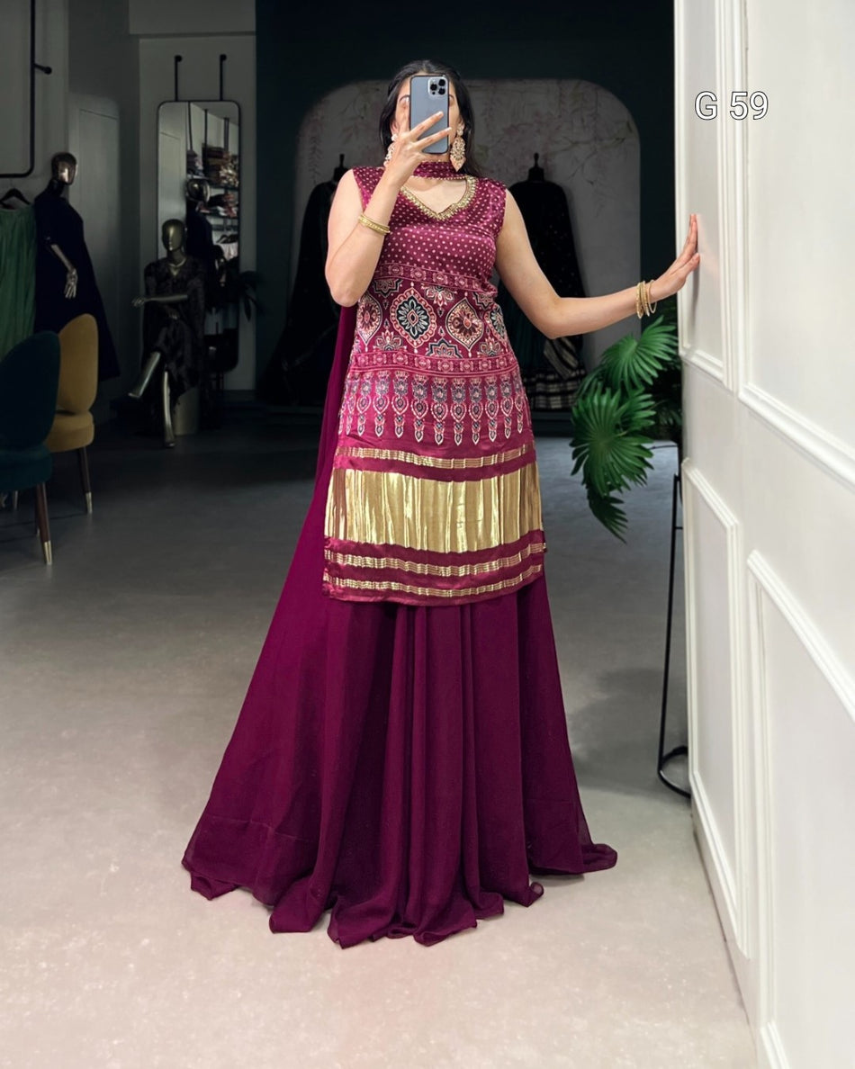 Gaji Silk Top with Printed Handwork & Georgette Plazo – G 59 Maroon
