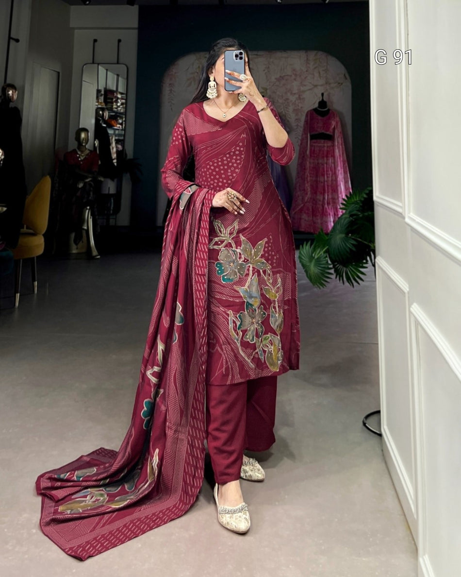 Roman Silk Top with Floral Print & Beads Handwork – G 91 Maroon