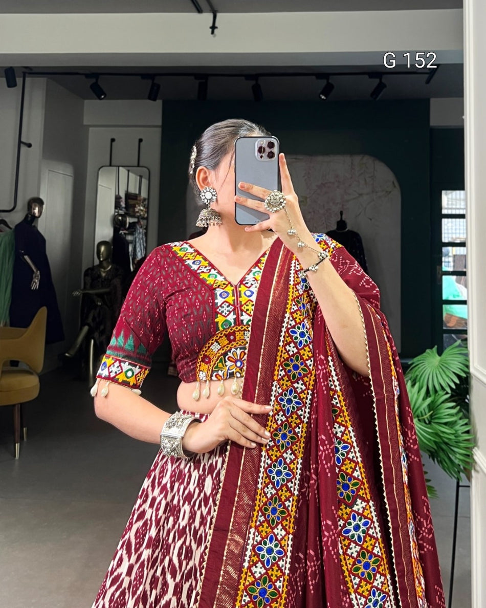 Elegant Maroon Tussar Silk Lehenga with Ikkat Print & Mirror Gamthi Work – Wedding Lehenga Set-G 152 Maroon