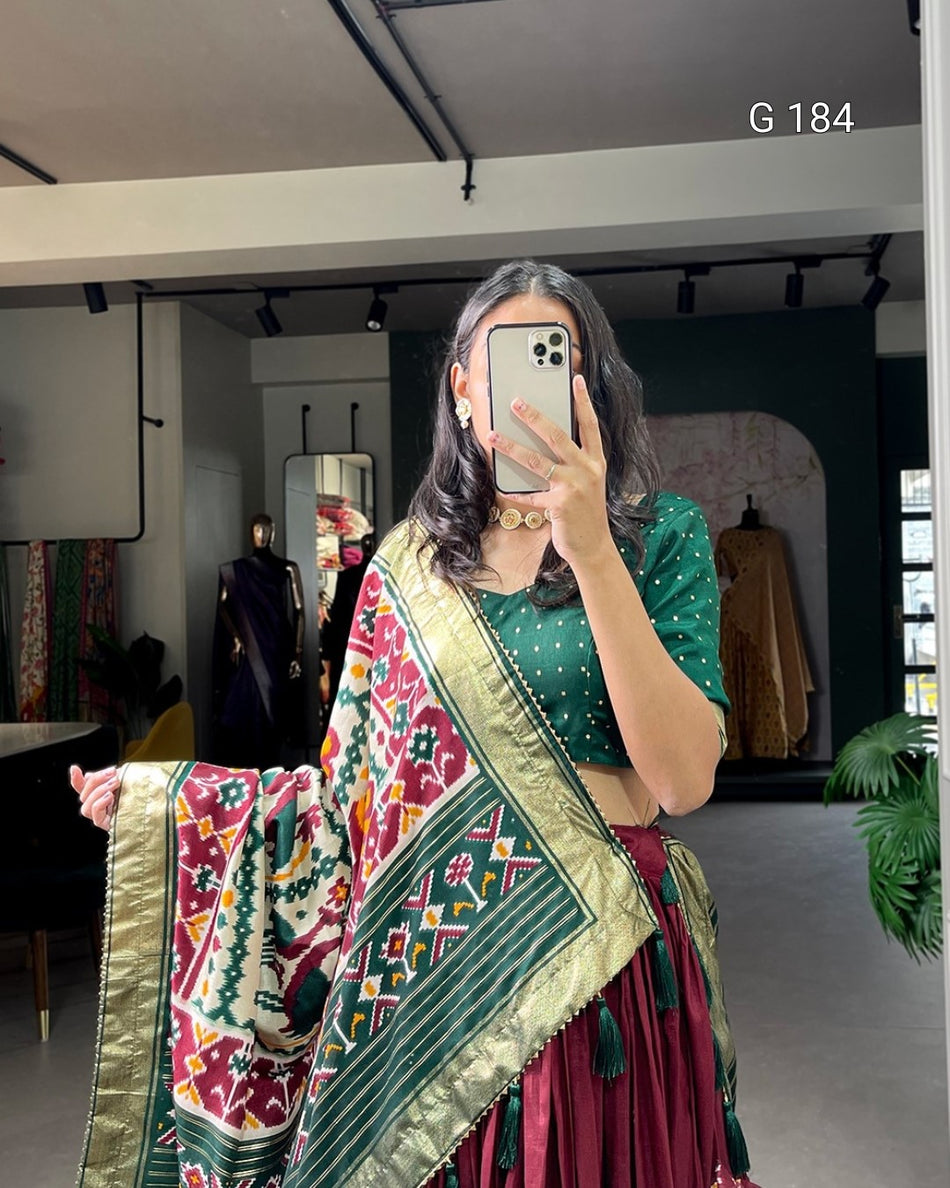 Maroon Tussar Silk Lehenga with Patola Print & Foil Work – G 184 Maroon