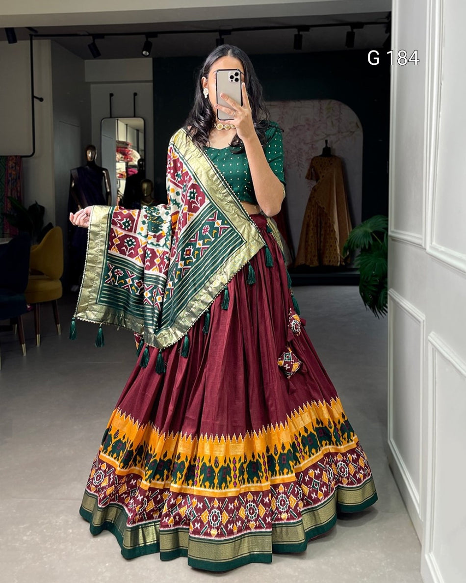 Maroon Tussar Silk Lehenga with Patola Print & Foil Work – G 184 Maroon