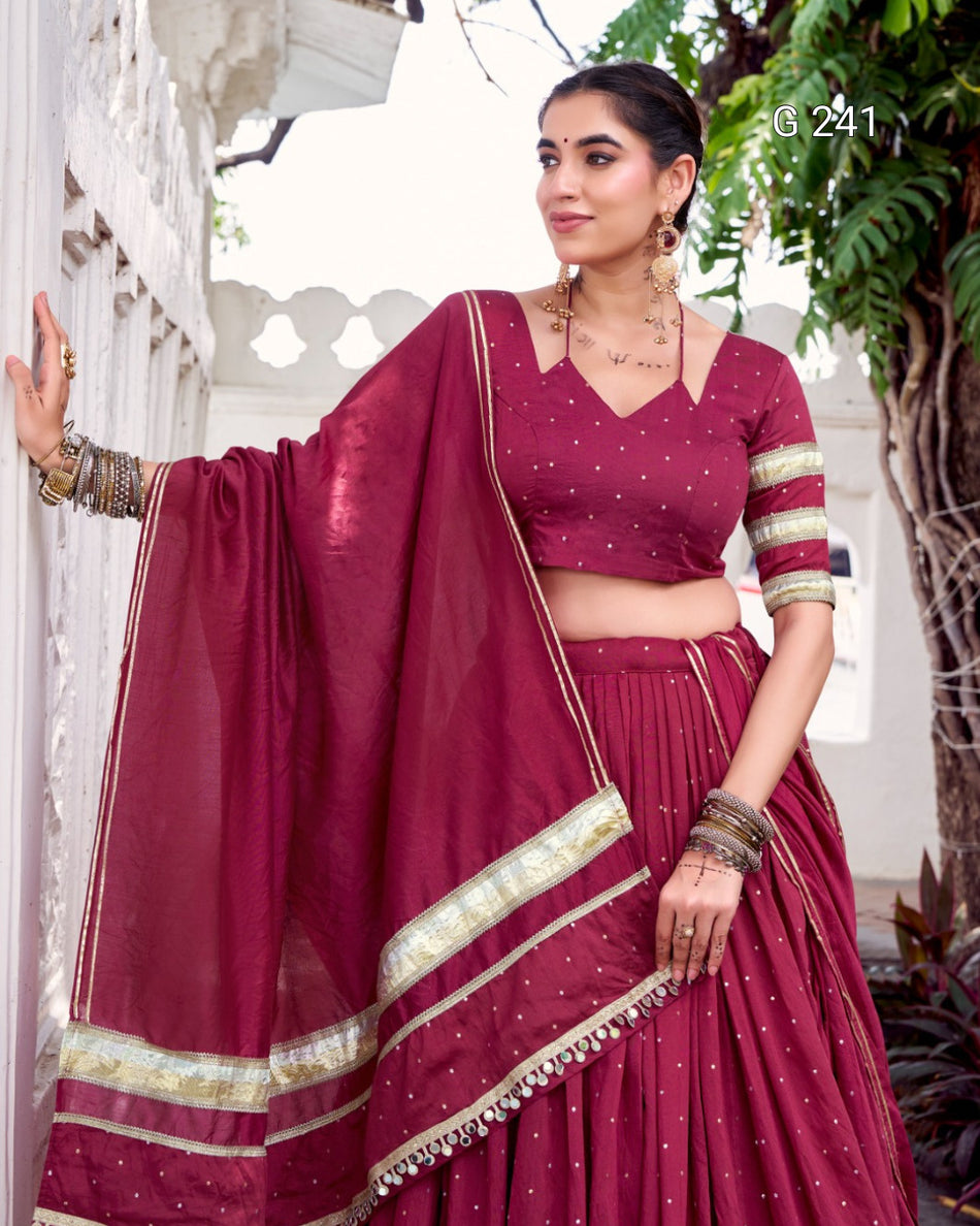 Zari Weaving Pure Chanderi Lehenga with Embossed Design Lace – G 241 Maroon