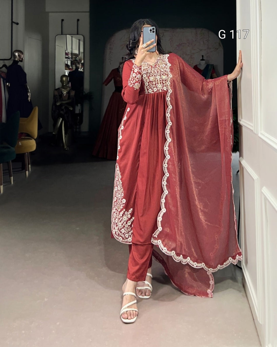 Rust Orange Maska Cotton Top with Sequins Embroidery & Plain Bottom Set - G 117 Rust orange