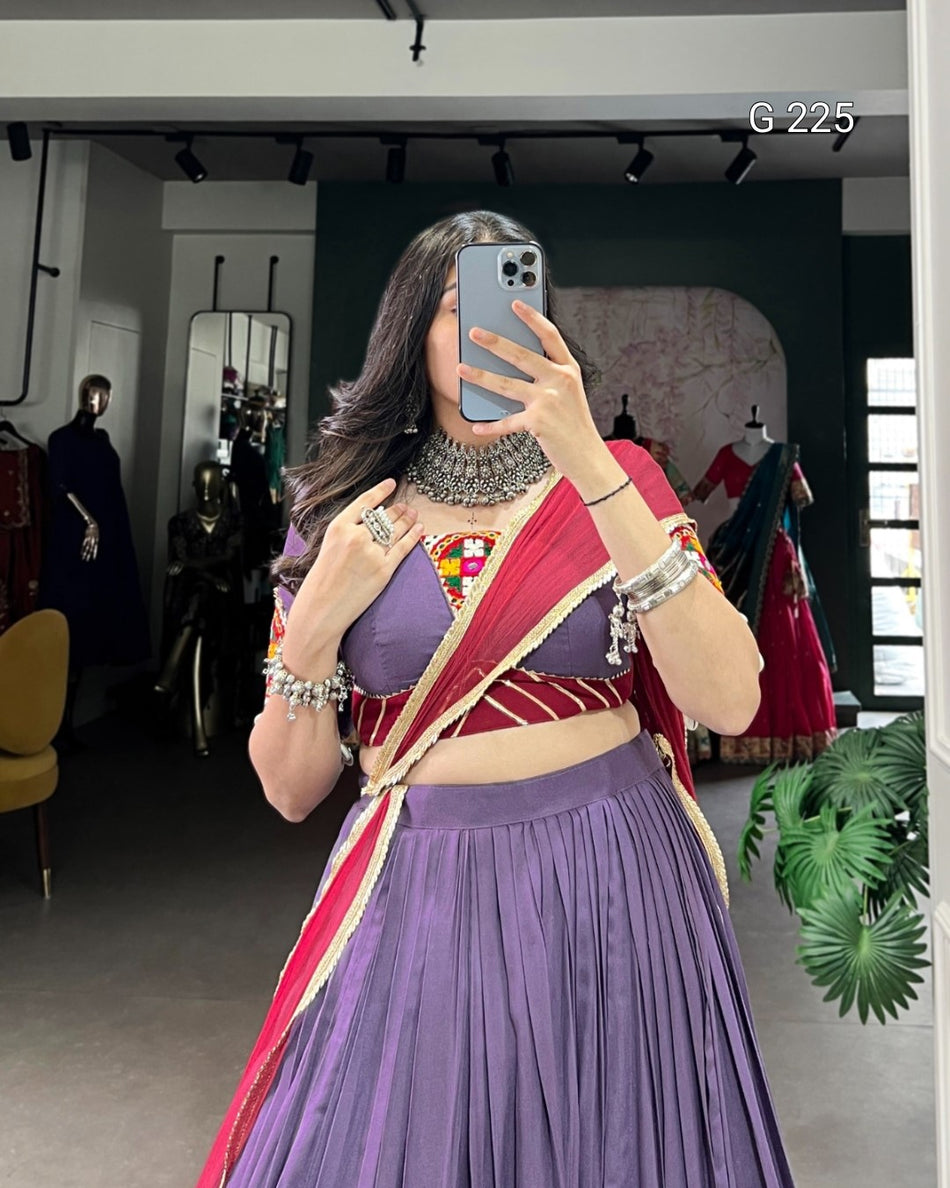 Embossed Design Pure Rayon Lehenga with Mirror Gamthi Work Blouse – G 225 Mauve