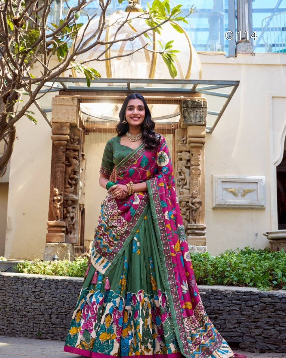 Tussar Silk Lehenga with Foil Work & Kalamkari Print Dupatta – G 114 Mehendi