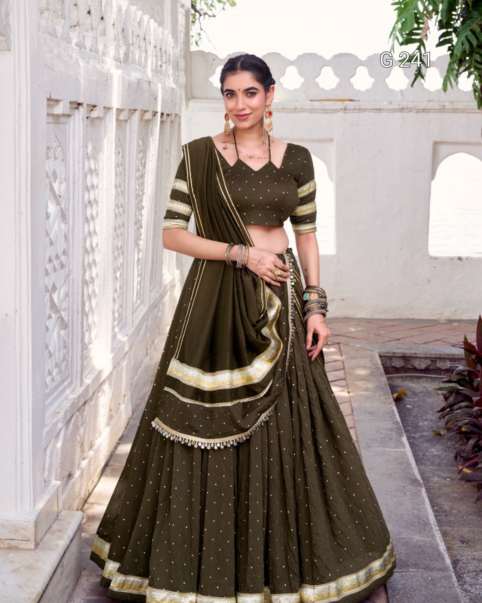 Zari Weaving Pure Chanderi Lehenga with Embossed Design Lace – G 241