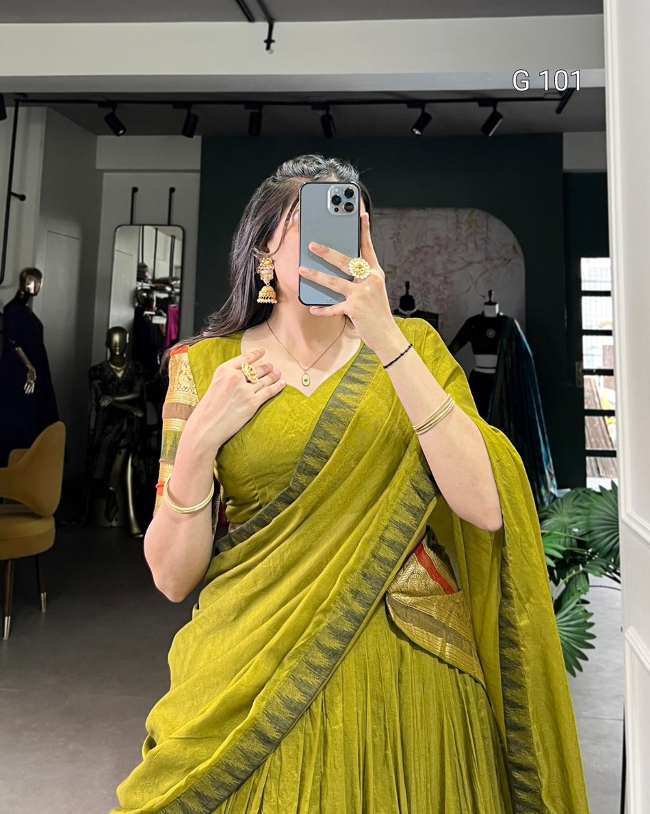Pure Chanderi Lehenga with Zari Weaving Work – G 101 Mehendi