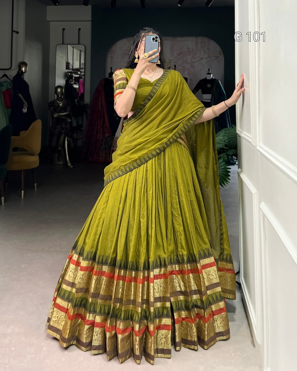 Pure Chanderi Lehenga with Zari Weaving Work – G 101 Mehendi