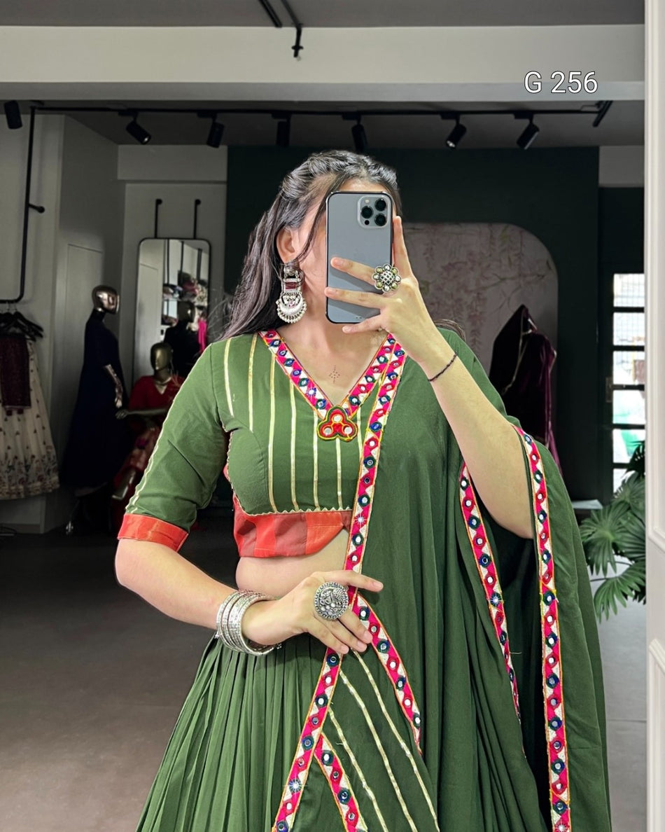 Sequins & Thread Embroidery Gold Crush Lehenga with Lace Border – G 256 Mehendi