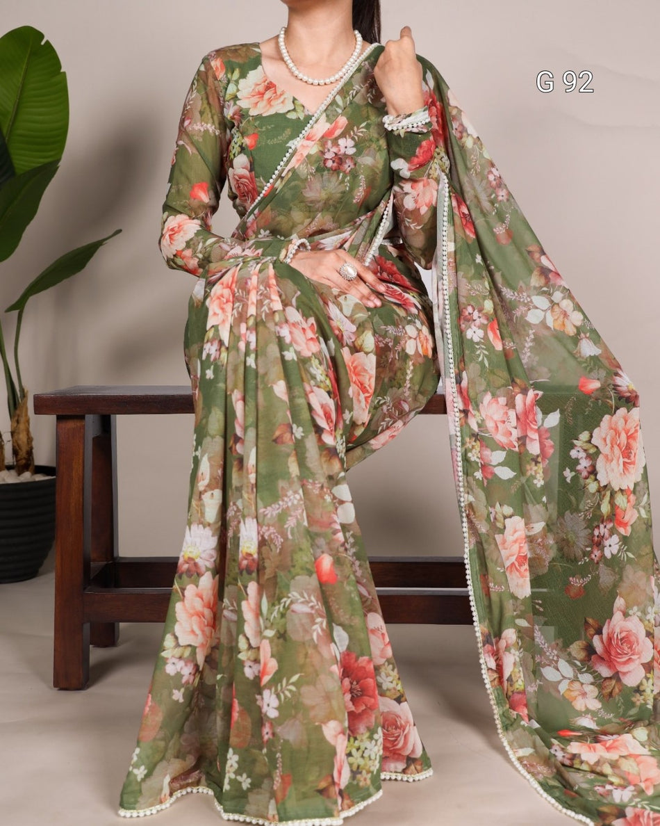Weightless Marbal Saree with Printed Design & Pearl Lace Border – G92