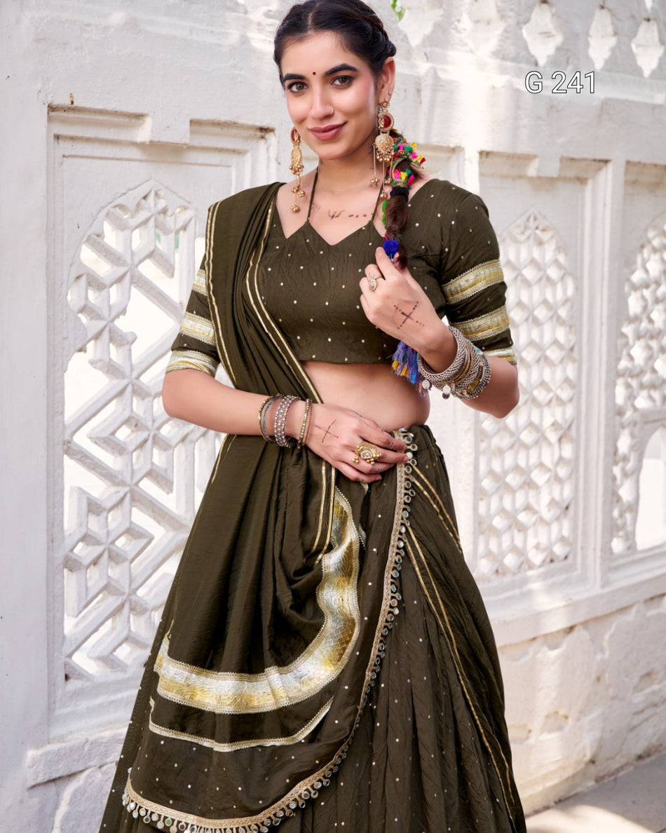 Zari Weaving Pure Chanderi Lehenga with Embossed Design Lace – G 241 Mehendi