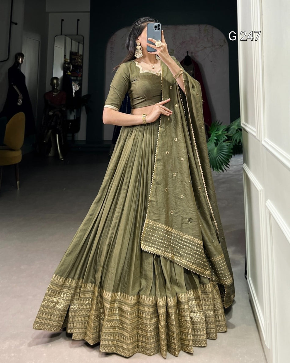 Zari Weaving Pure Chanderi Lehenga with Lace Border – G 247 Mehendi