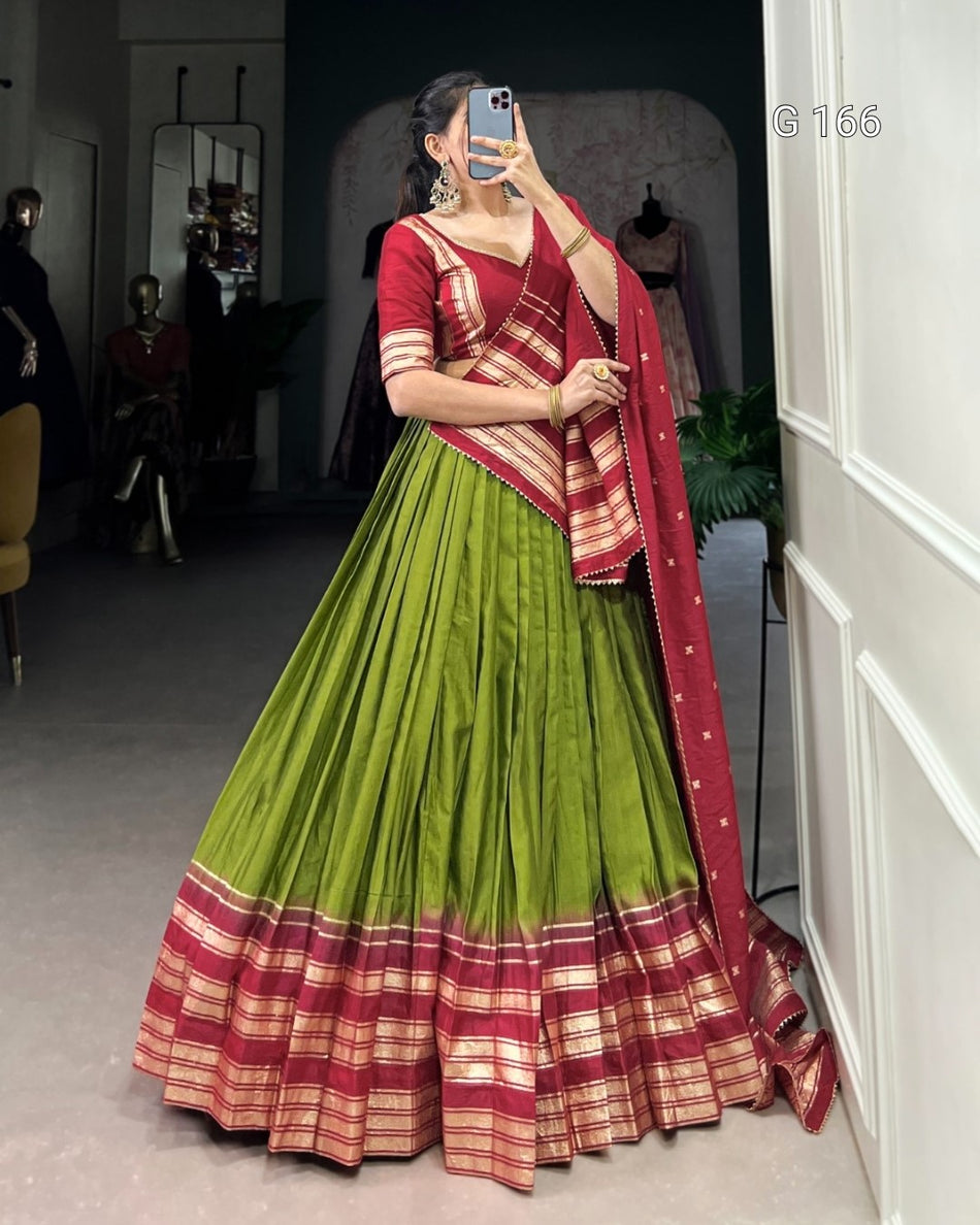 Pure Chanderi Lehenga with Zari Weaving & Lace Touch-Up Dupatta - G 166
