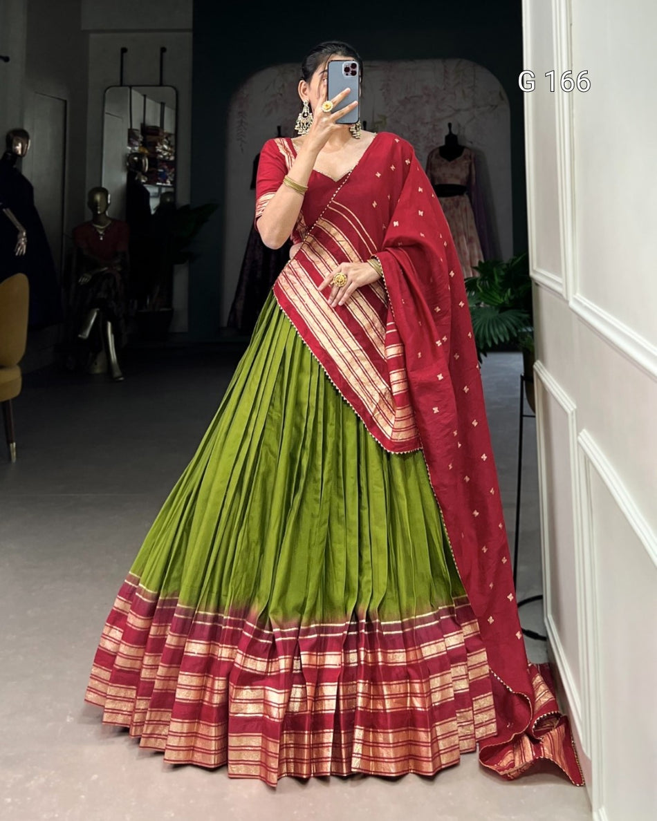Mehendi Green Pure Chanderi Lehenga with Zari Weaving & Lace Touch-Up Dupatta - G 166 Mehendi