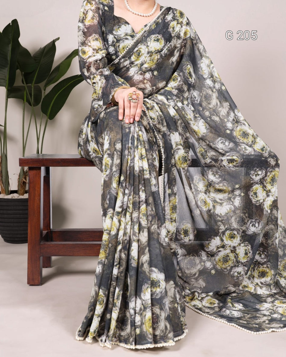 Floral Printed Weightless Marble Saree with Pearl Lace Border – G 205