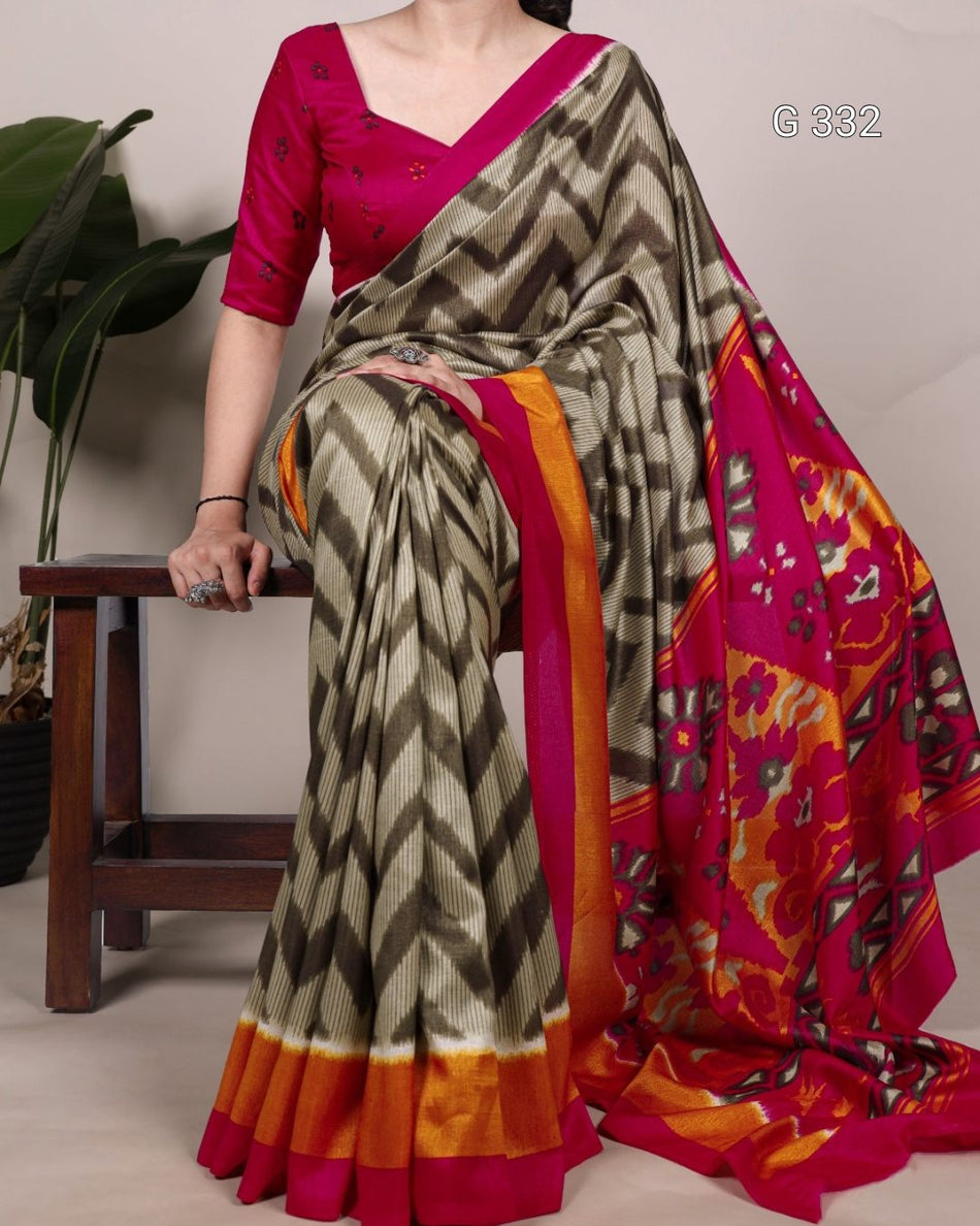 Tasar Silk Saree with Printed Design – G 332 Mehndi