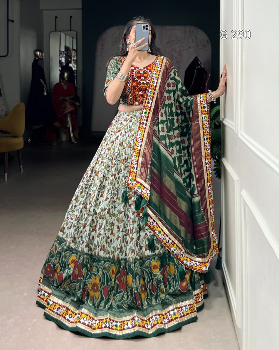 Foil Print Tasar Silk Lehenga with Mirror Gamthi Work & Lace Border – G 290
