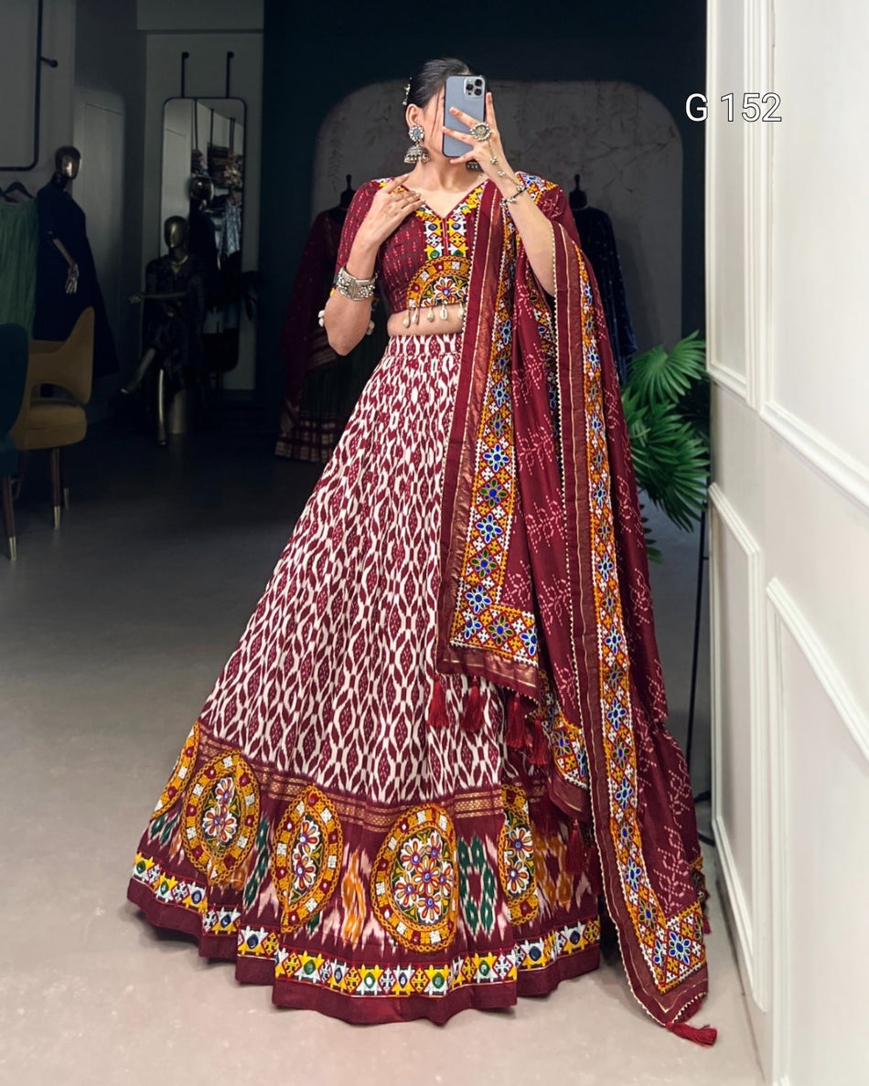 Elegant Maroon Tussar Silk Lehenga with Ikkat Print & Mirror Gamthi Work – Wedding Lehenga Set-G 152