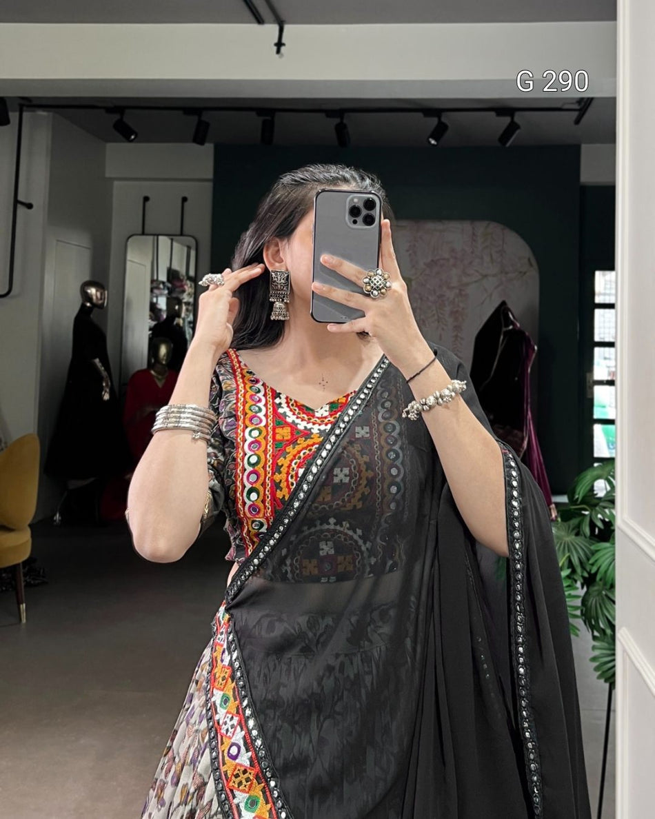 Foil Print Tasar Silk Lehenga with Mirror Gamthi Work & Lace Border – G 290