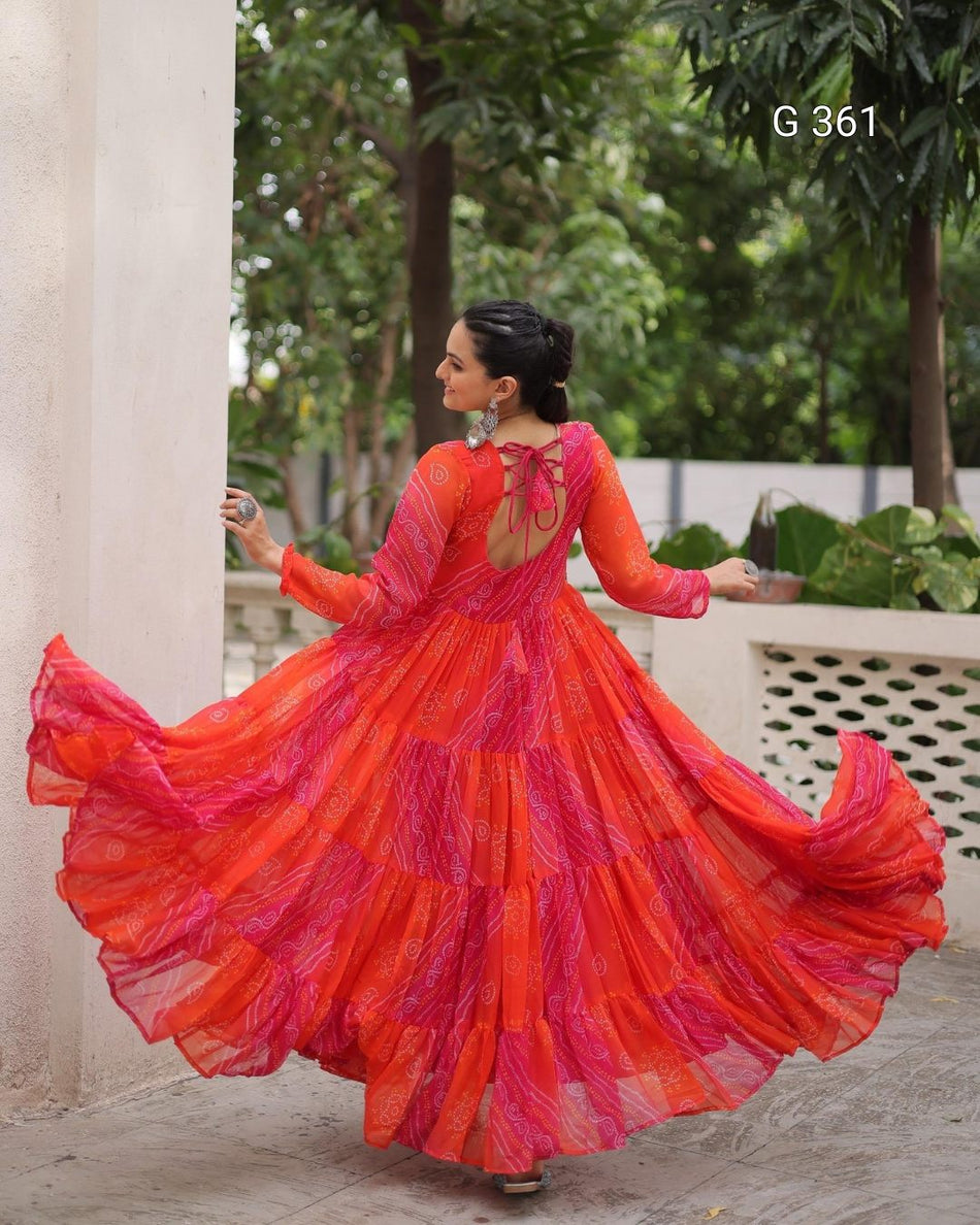 Faux Georgette Gown with Laheriya & Bandhej Print – G 361