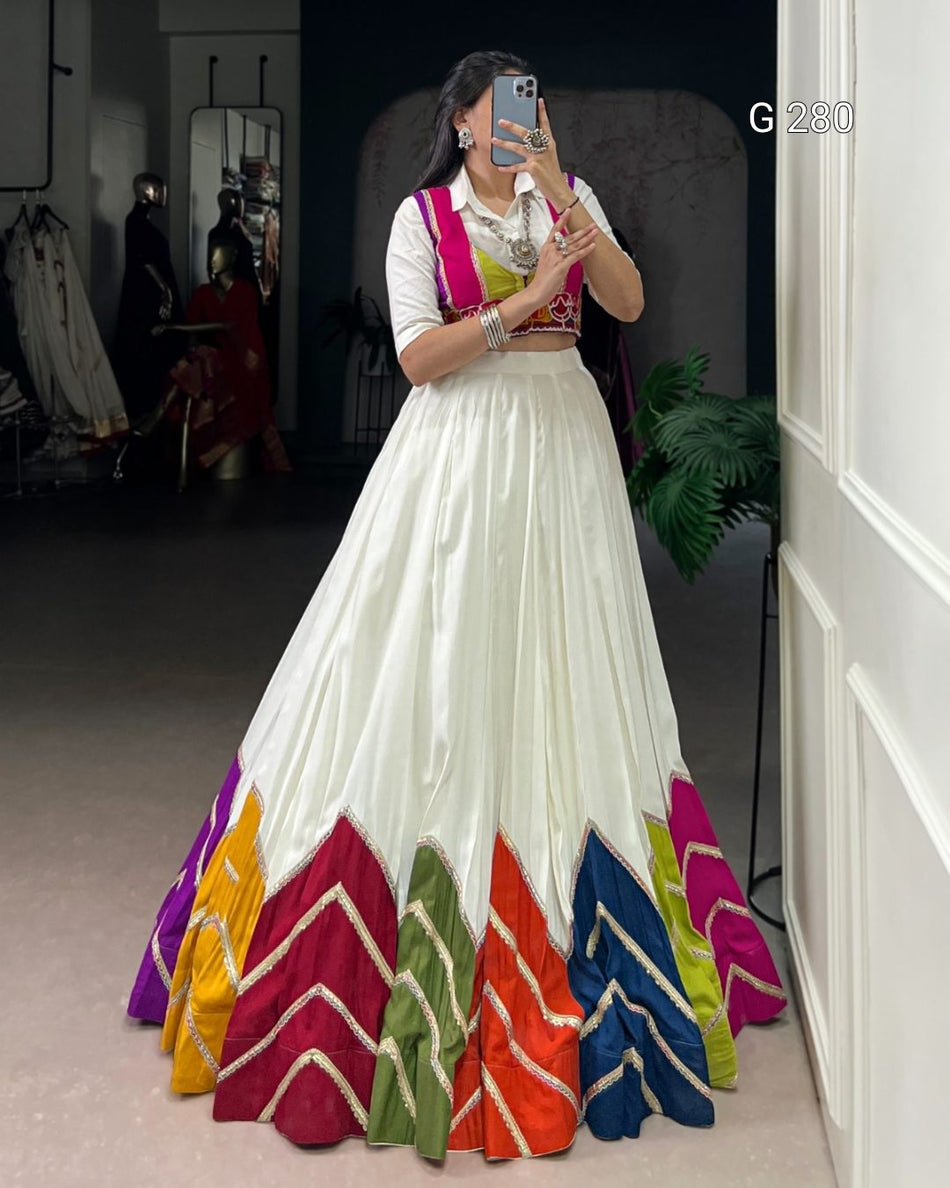 Multi Colour Patch Rayon Lehenga with Plain Shirt & Gamthi Koti – G 280 Multi