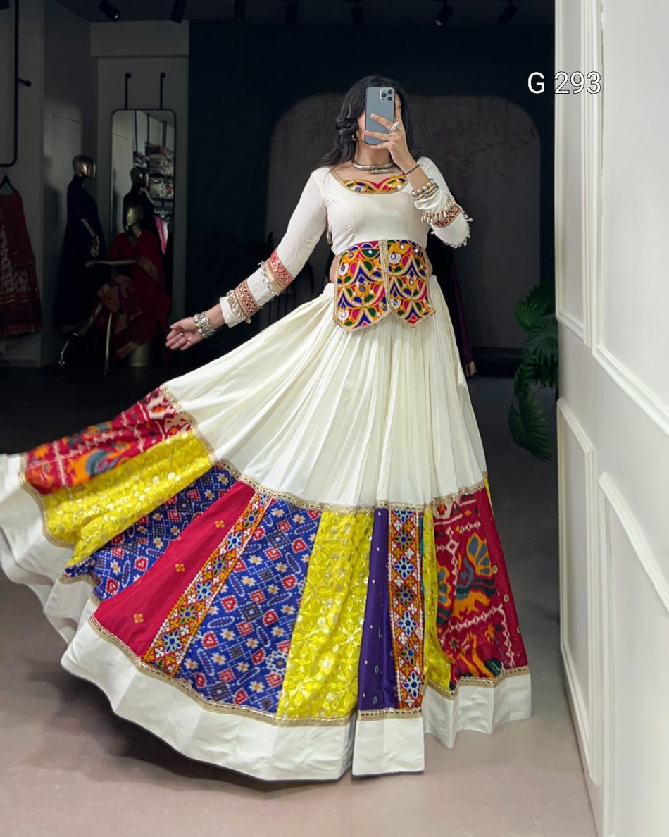 Multi Colour Patch Pure Rayon Lehenga with Real Mirror Gamthi Work Blouse – G 293 White