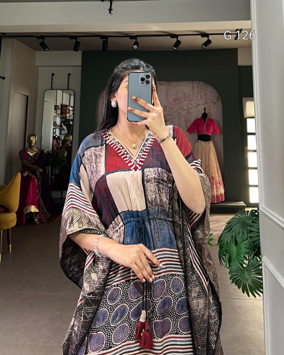 Pure Viscose Zari Border Kaftan with Real Mirror Hand Work – G 126 Multi