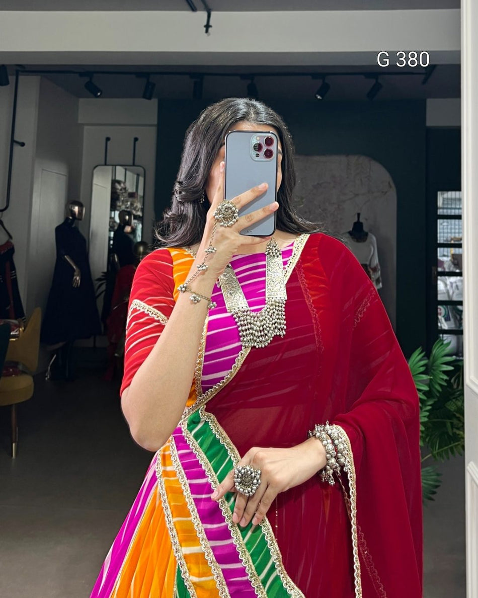 Multi Georgette Lehenga with Leheriya Print & Lace Work – G 380