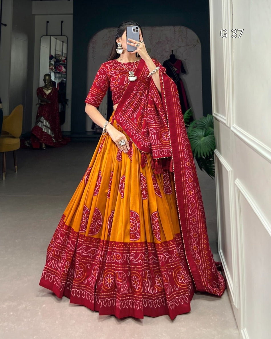 Tussar Silk Bandhej Print Lehenga with Gotta Patti Lace & Tassels – G 37