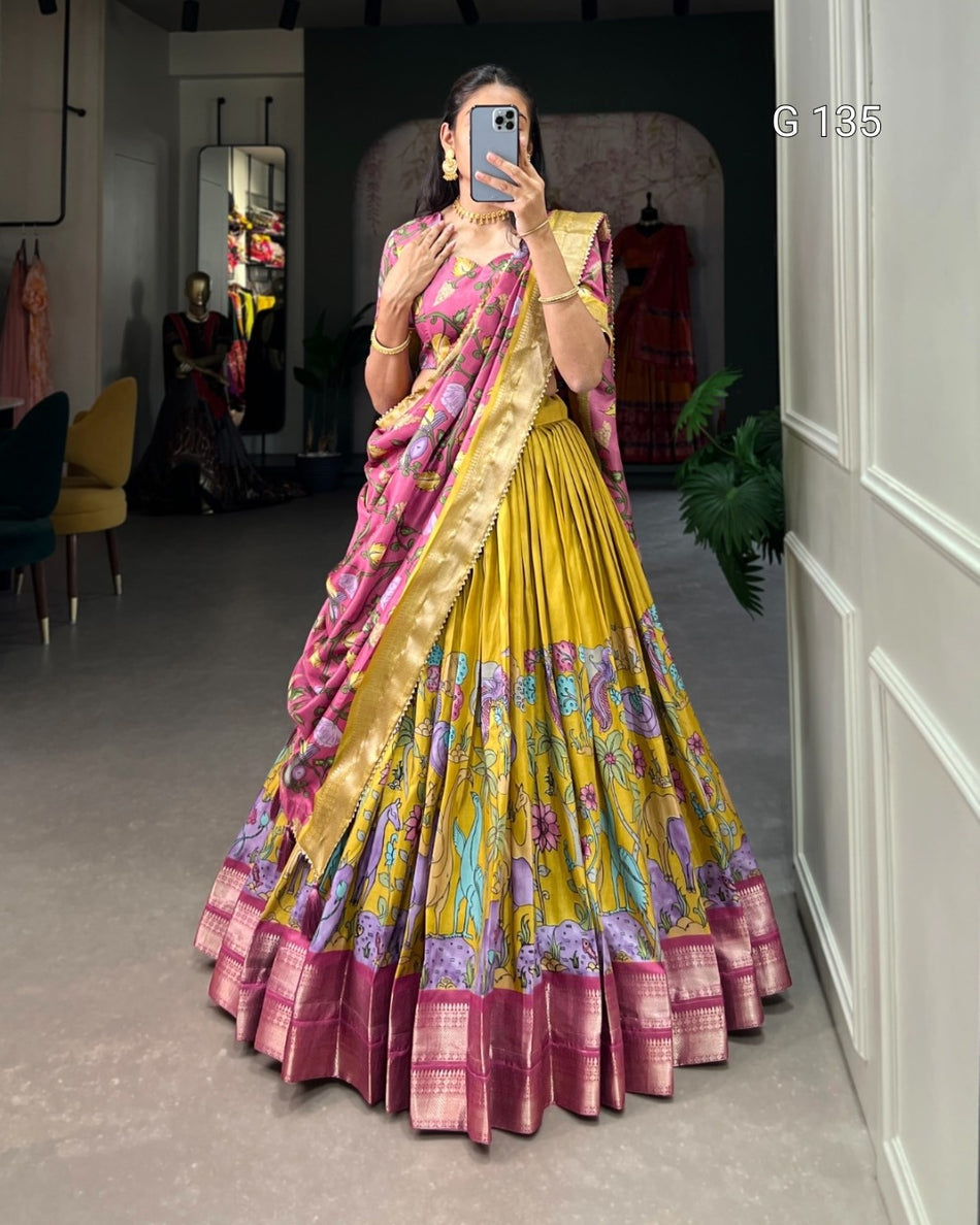 Dola Silk Kalamkari Printed Lehenga with Zari Weaving Border & Tassels – G 135 Mustred