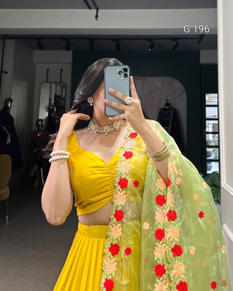Mustard Georgette Lehenga with Plain Design & Embroidered Organza Dupatta – G 196 Mustard