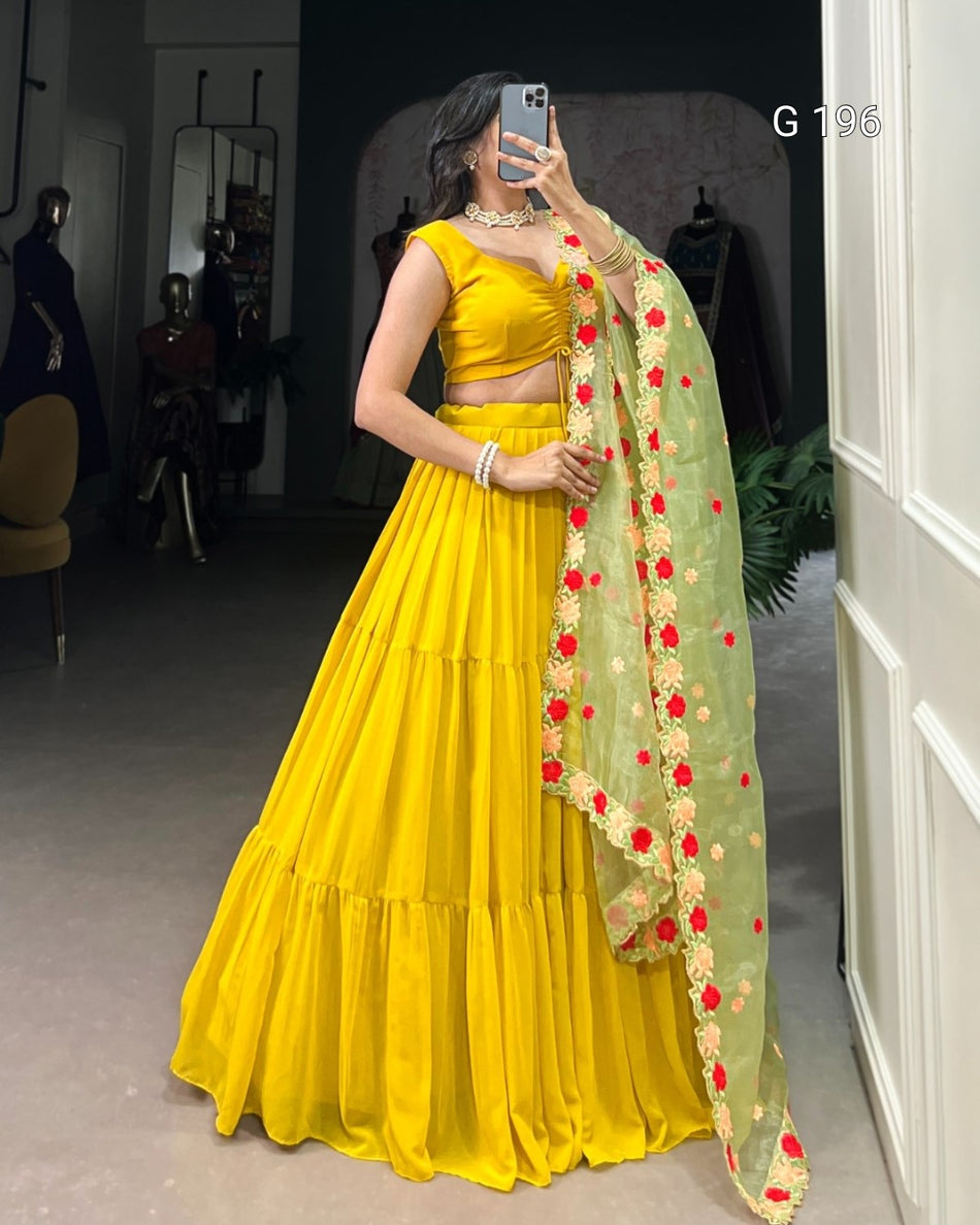 Mustard Georgette Lehenga with Plain Design & Embroidered Organza Dupatta – G 196 Mustard