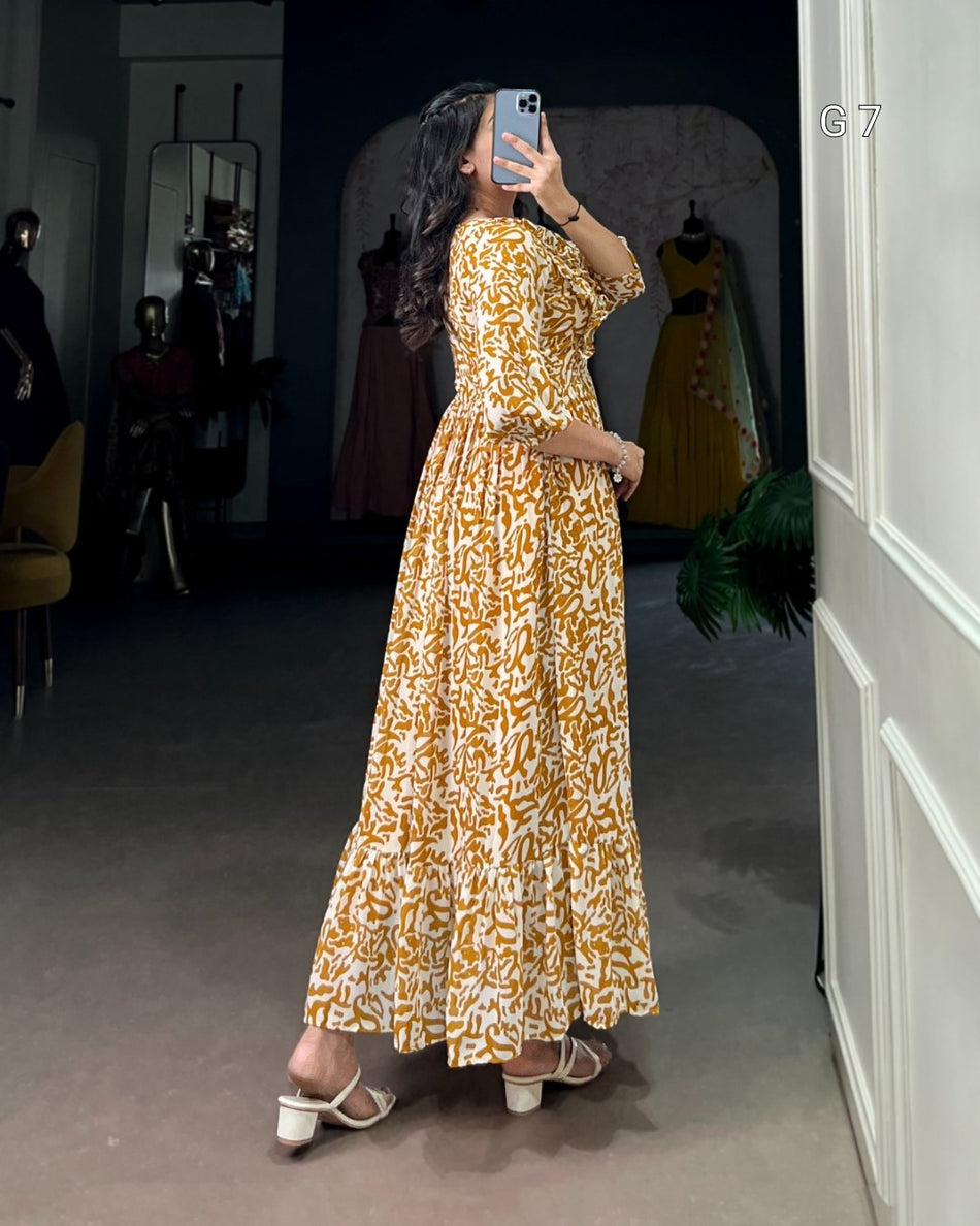 Mustard Georgette Printed Frock with Adjustable Waist – G 7 Mustred