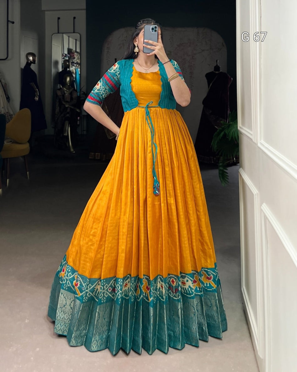 Tasar Chex Gown with Patola Print & Weaving Work Border – G 67 Mustred