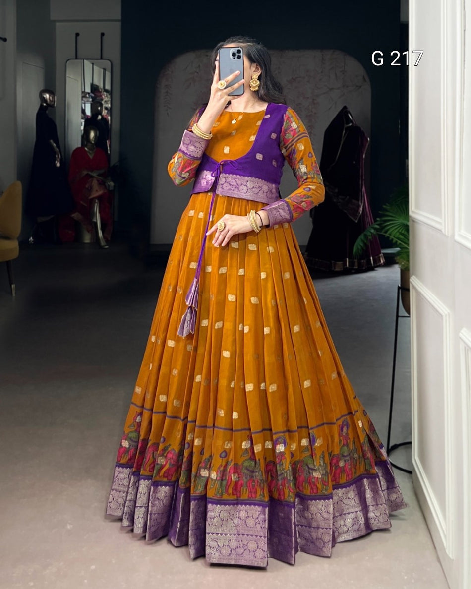 Kalamkari Print Poly Cotton Gown with Zari Weaving Work Border – G 217 Mustard