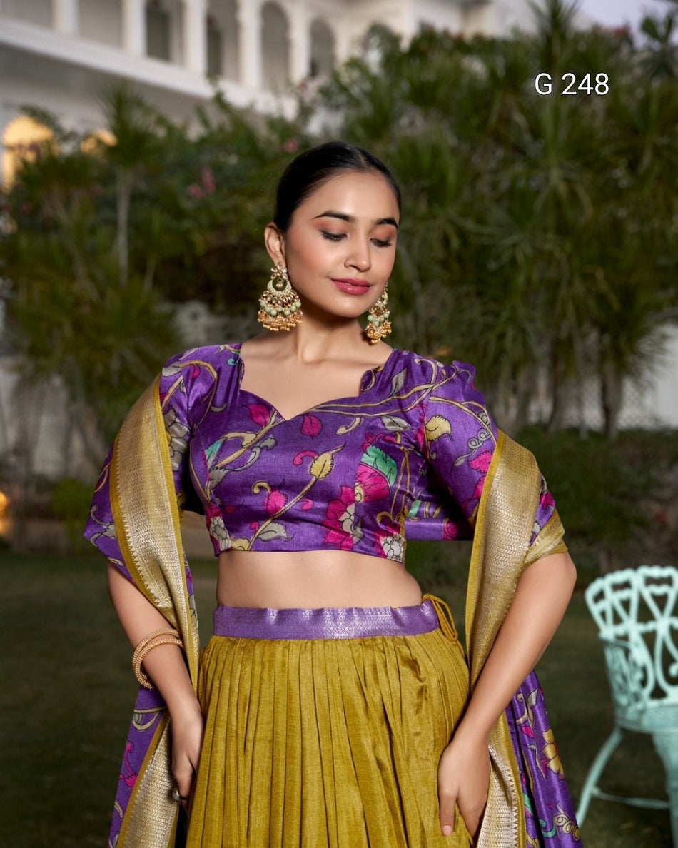 Kalamkari Printed Dola Silk Lehenga with Zari Weaving Border – G 248 Mustard