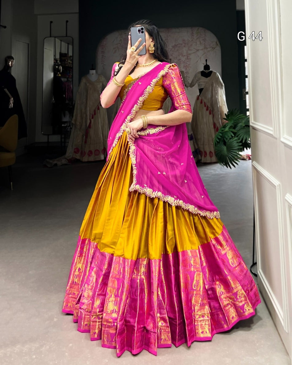 Mustard Narayan Pattu Lehenga with Zari Weaving Work – Stitched Blouse with Sequins Embroidery Dupatta - G 44 Mustred