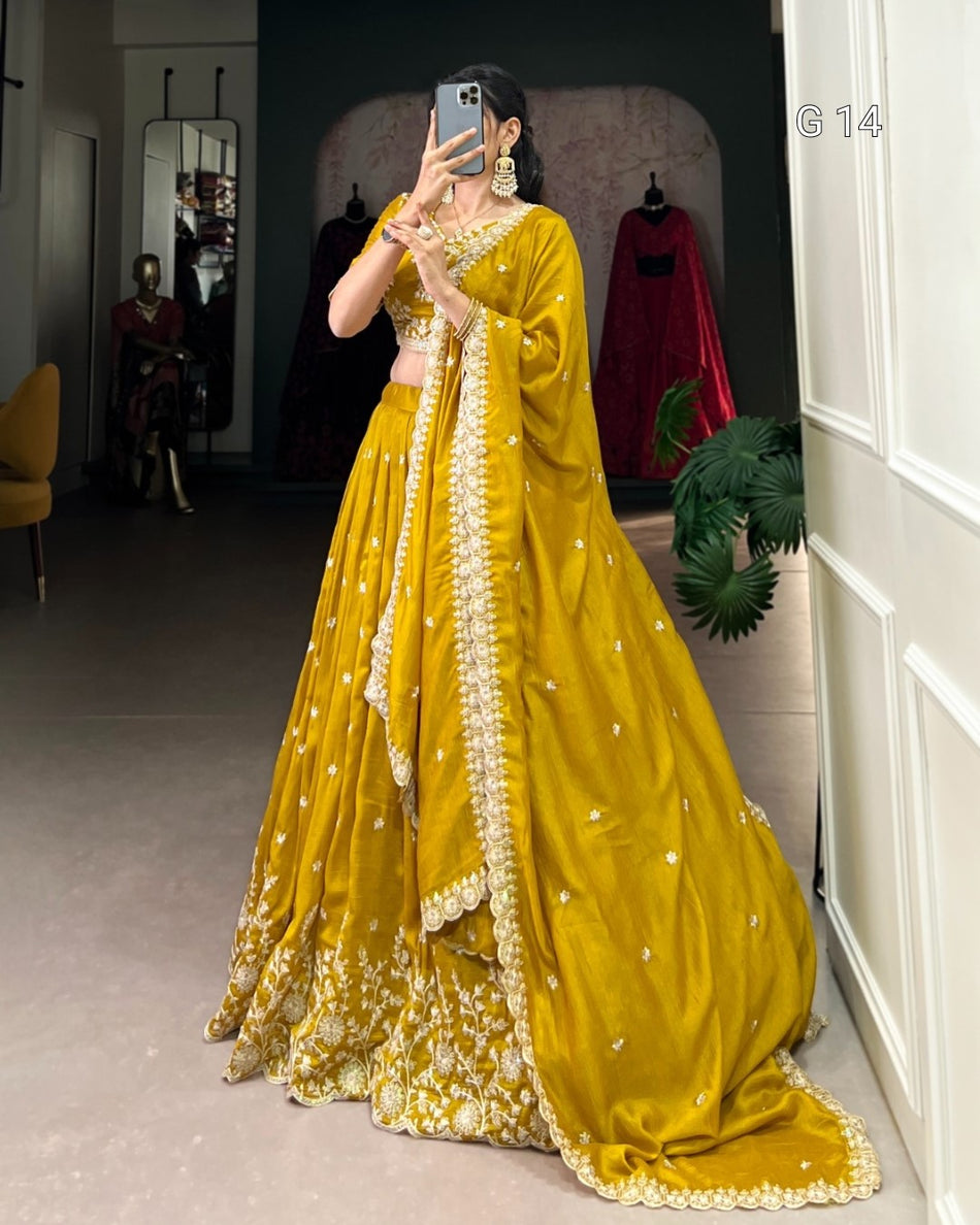 Mustard Vichitra Silk Lehenga with Sequins & Thread Embroidery Work – G 14 Mustred