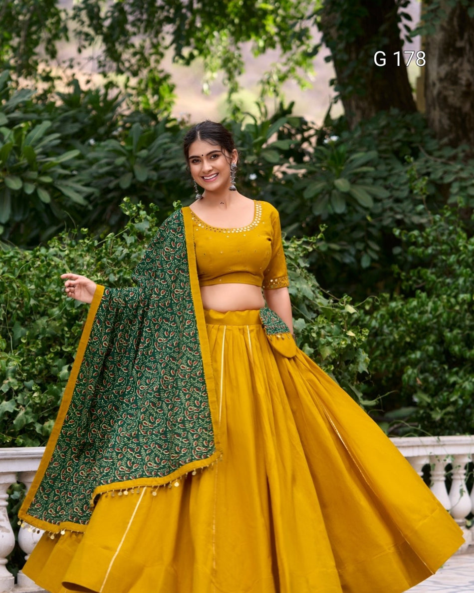 Pure Cotton Lehenga with Gota Patti Touch-Up & Real Mirror Work, Coin Lace Border Dupatta – G 178