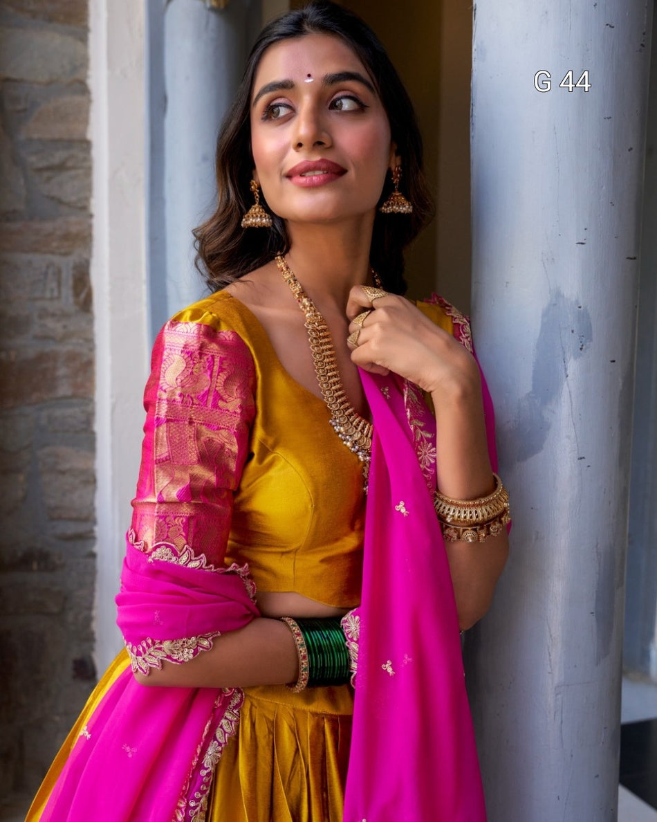 Mustard Narayan Pattu Lehenga with Zari Weaving Work – Stitched Blouse with Sequins Embroidery Dupatta - G 44 Mustred