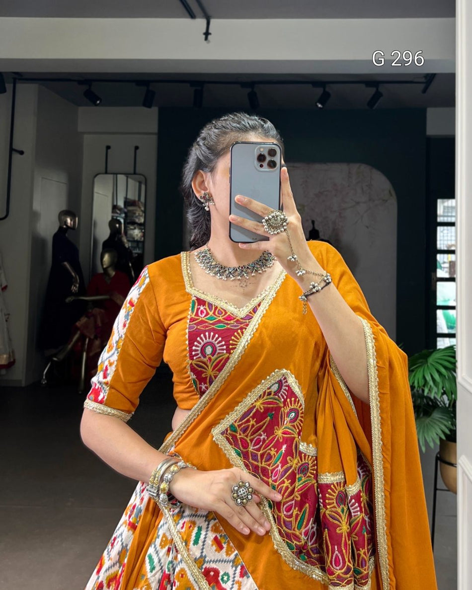 Patola Print Rayon Lehenga with Gamthi Work & Lace Touch Up – G 296 Mustard