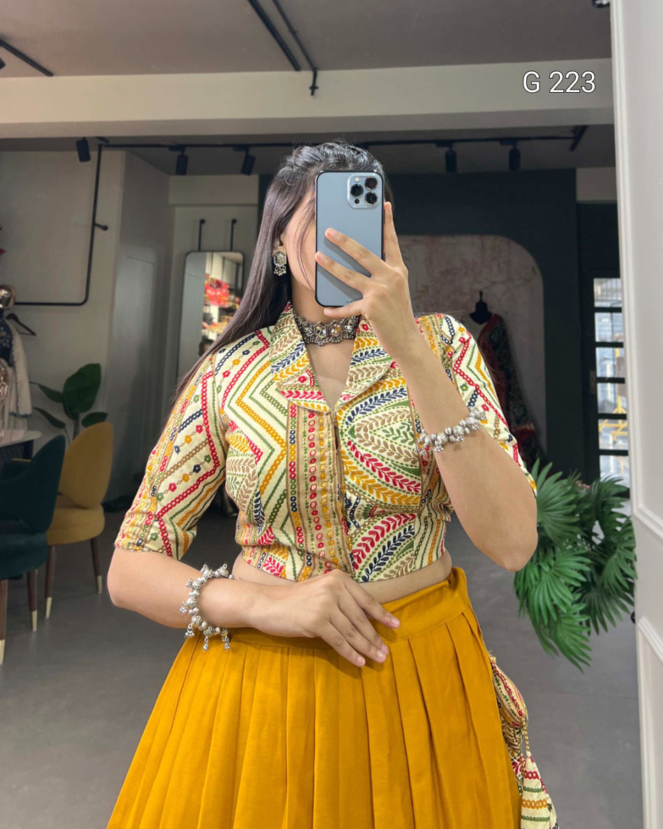 Plain Cotton Lehenga with Printed Blouse – G 223 Mustard