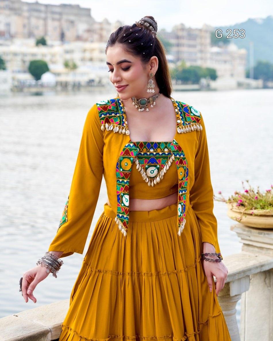 Plain Pure Rayon Lehenga with Original Mirror Gamthi Work – G 253 Mustard