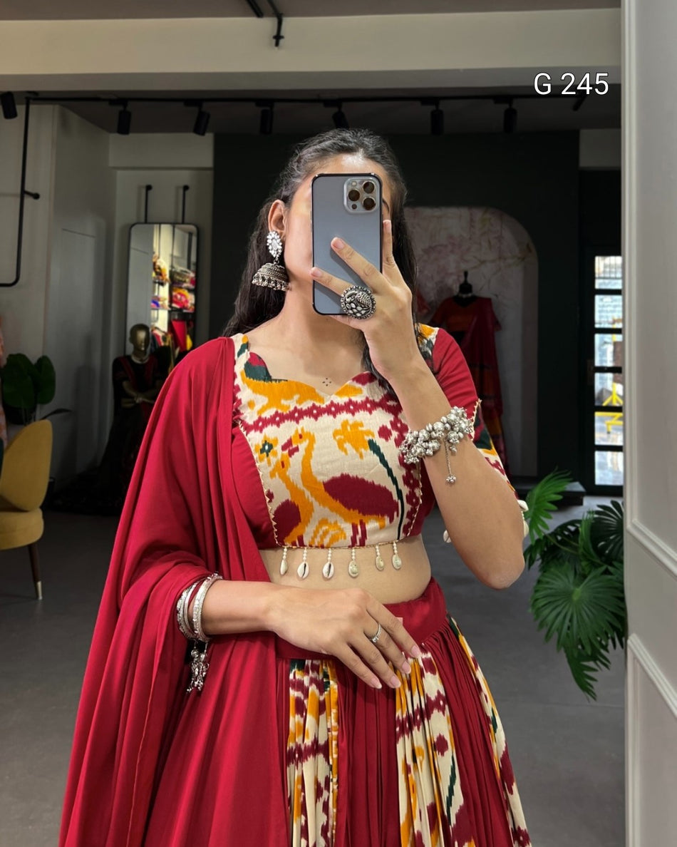 Plain and Printed Rayon Lehenga with Gota Patti & Cowrie Lace – G 245 Mustard