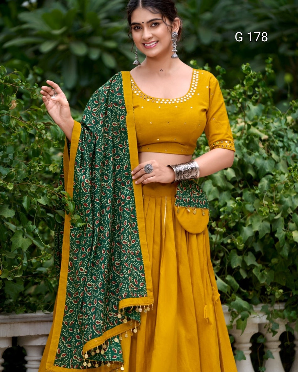 Mustred Pure Cotton Lehenga with Gota Patti Touch-Up & Real Mirror Work, Coin Lace Border Dupatta – G 178 Mustred